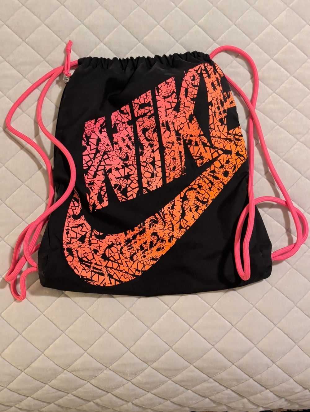 Nike Black Gym Sack with Neon Pink-to-Neon Orange Logo and Pink Cords